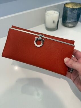 Salvatore Ferragamo Classic Orange Leather Wallet with Silver Hardware